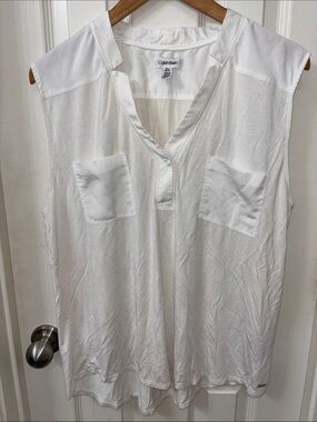 Calvin Klein White Sleeveless V-Neck Pocket Top